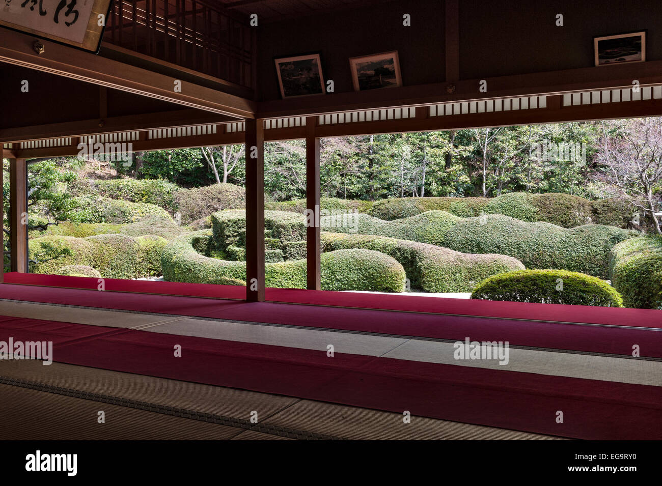 At the zen Buddhist temple of Daichi-ji, Shiga, Japan, the 17c Horai garden by Kobori Enshu is filled with snaking lines of clipped azaleas Stock Photo