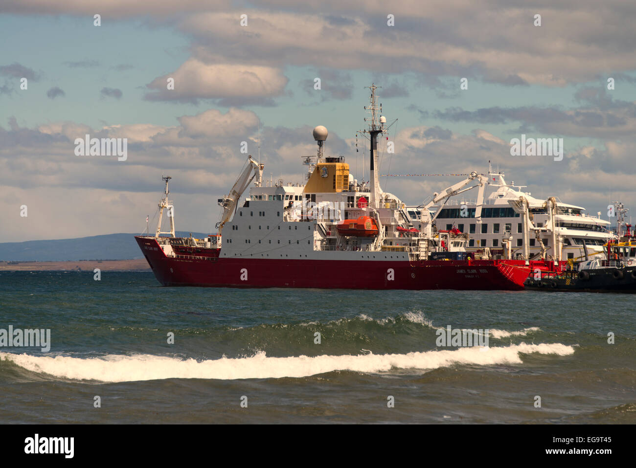 Ms James Clark Ross Ice class vessel loading at Punto Arenas Stock