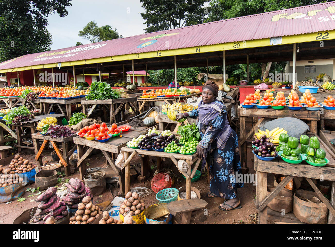 A woman selling vegetables on a street market, Kampala, Uganda. Stock Photo