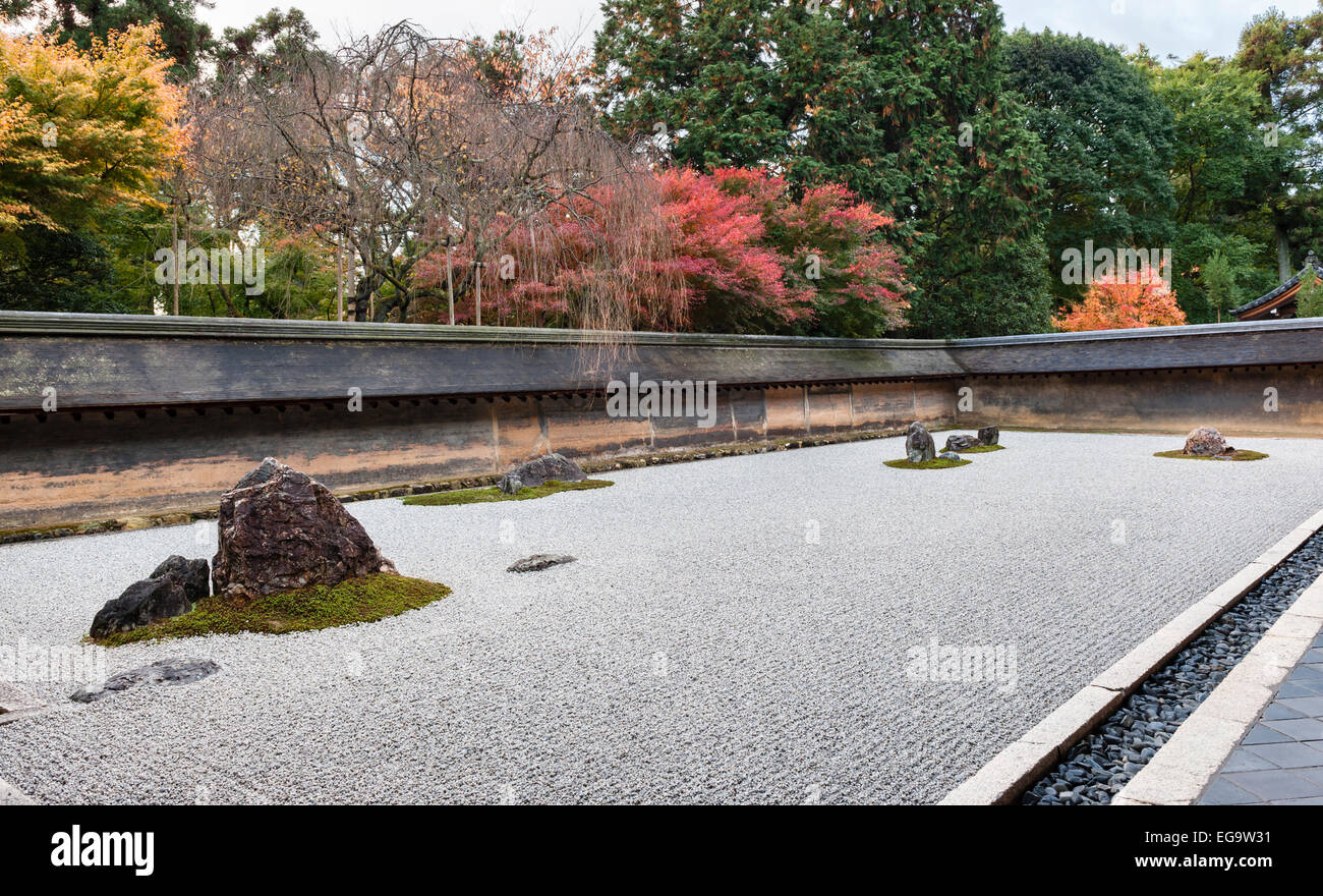 Ryoanji zen temple, Kyoto, Japan. The karesansui (dry gravel) garden