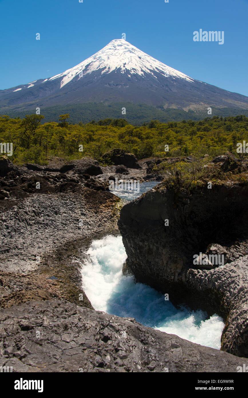 Petrohue Falls and Osorno Volcano Stock Photo