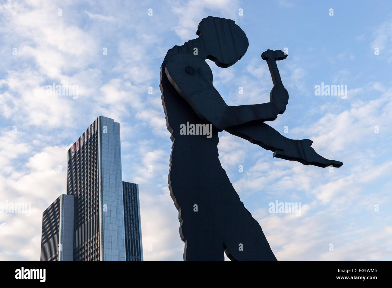 Hammering Man is a sculpture by Jonathan Borofsky near Frankfurt Messe exhibition area. Stock Photo