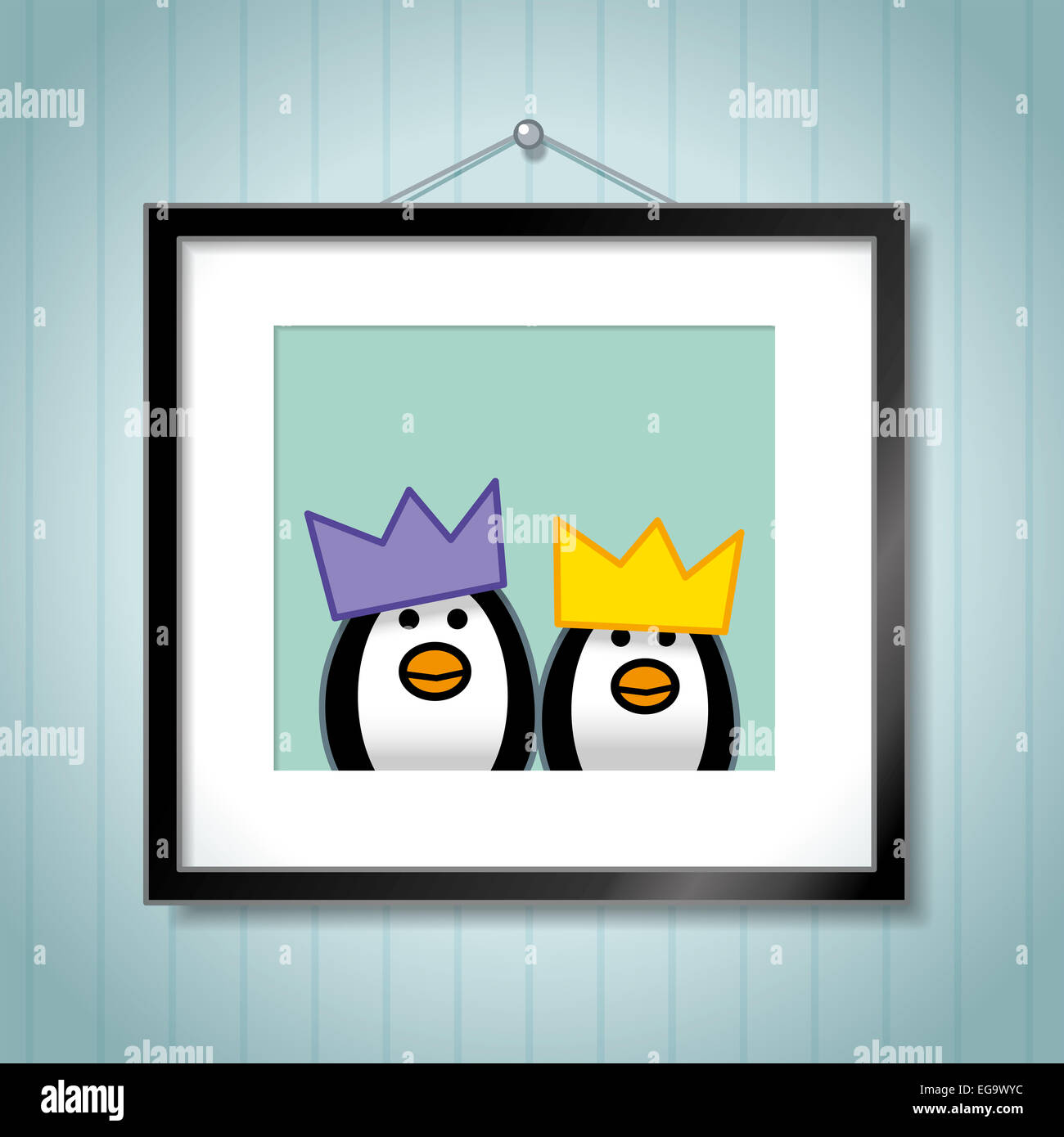 Cute Family of Penguins wearing Festive Party Hats in Picture Frames hanging on a Wallpaper Background Stock Photo
