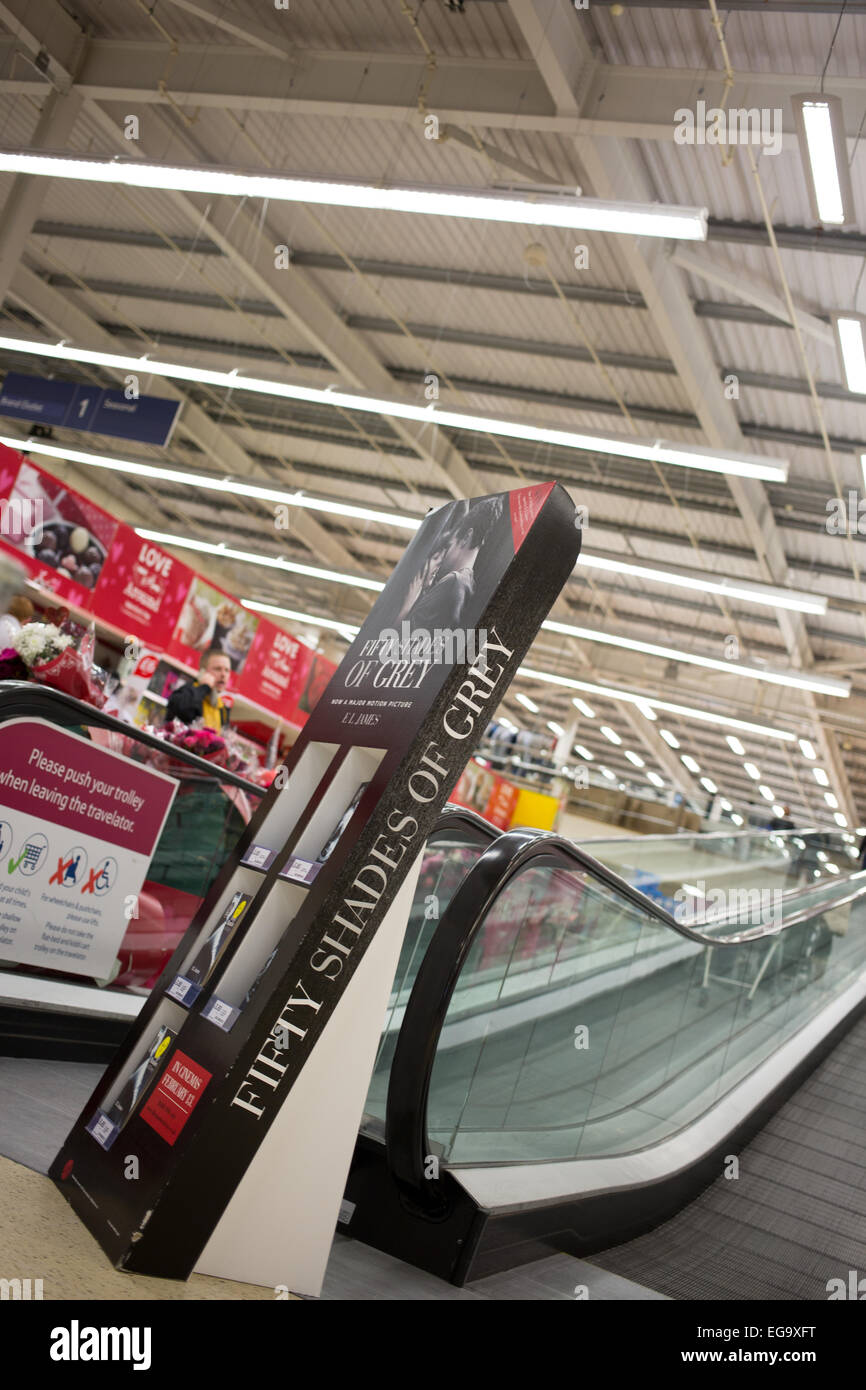 Entrance to Tesco Extra, showing a cardboard copy of the novel Fifty