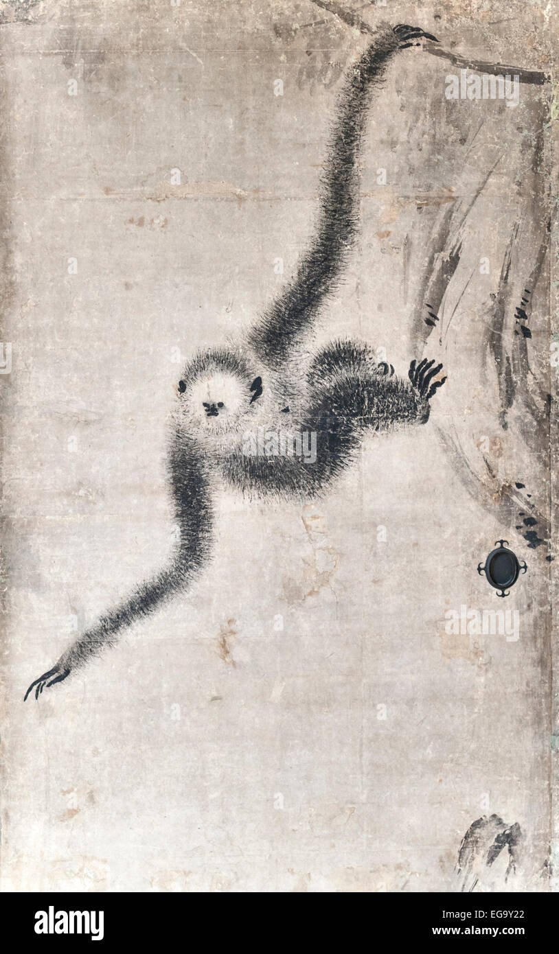 Kyoto, Japan. Konchi-in zen temple. A 16c ink painting by Hasegawa Tohaku of a monkey trying to catch the moon's reflection Stock Photo