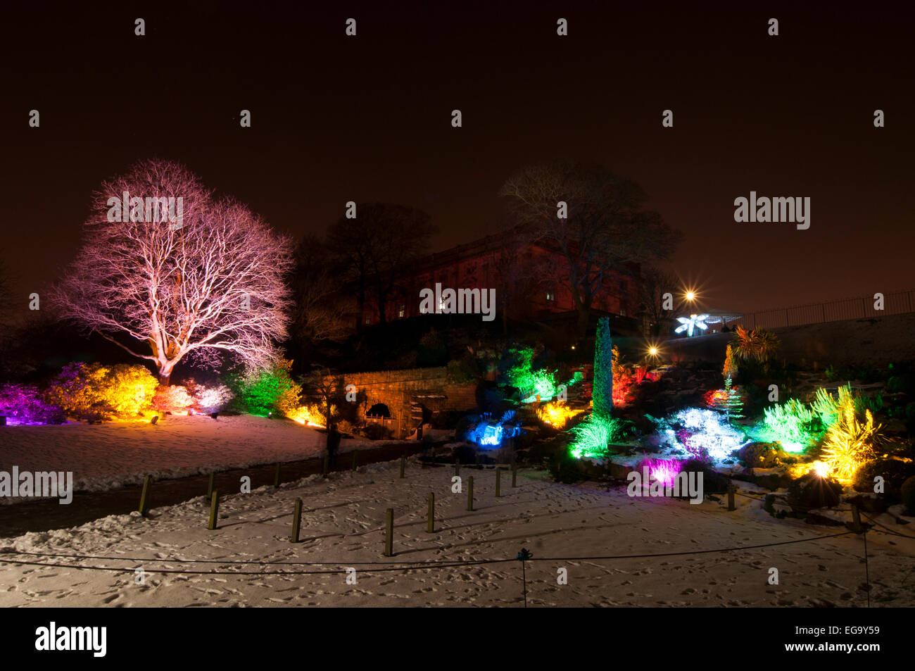 Nottingham Castle grounds lit up as part of Light Night in Nottingham, Nottinghamshire England UK Stock Photo