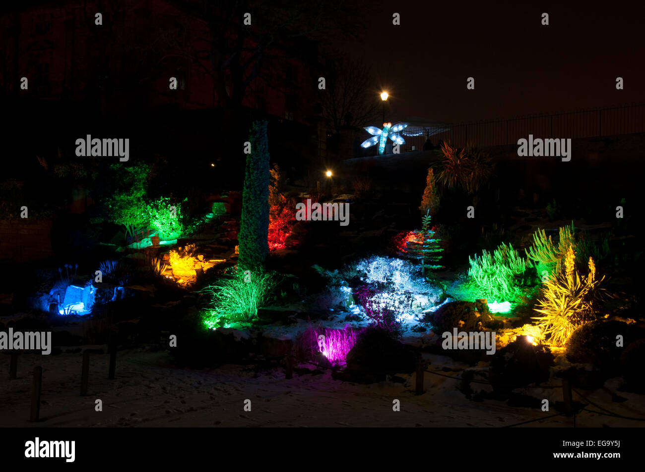 Nottingham Castle grounds lit up as part of Light Night in Nottingham, Nottinghamshire England UK Stock Photo