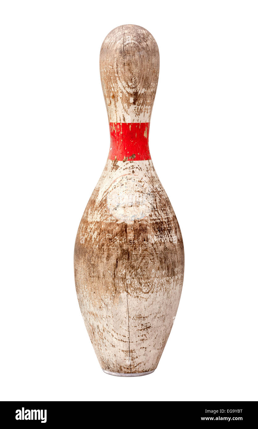 Old Wooden Bowling Pin with cracks and chipped paint Stock Photo