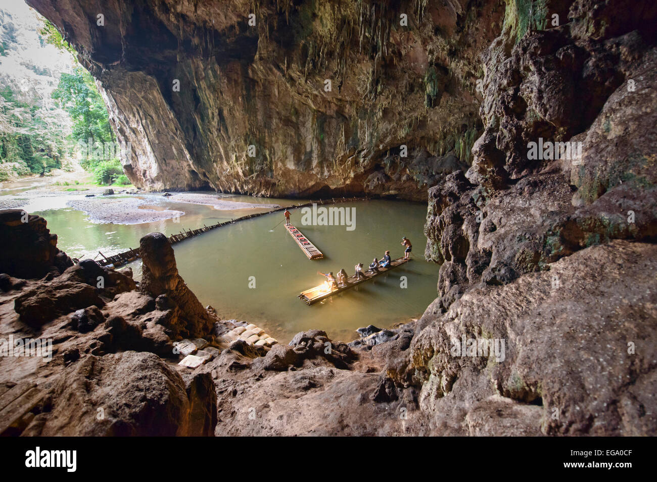Exploring the Tham Lod Cave by bamboo raft, Pang Mapha Thailand Stock Photo
