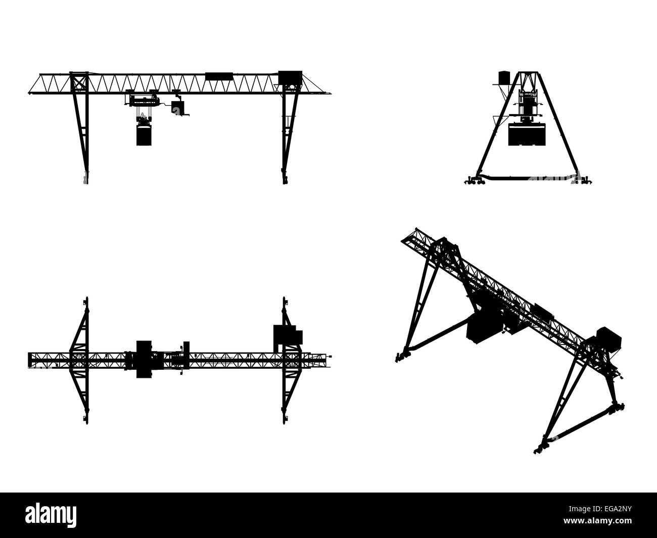 Container bridge gantry crane. Black silhouette isolated on white background. render of 3d model. Main projections and isometric Stock Photo