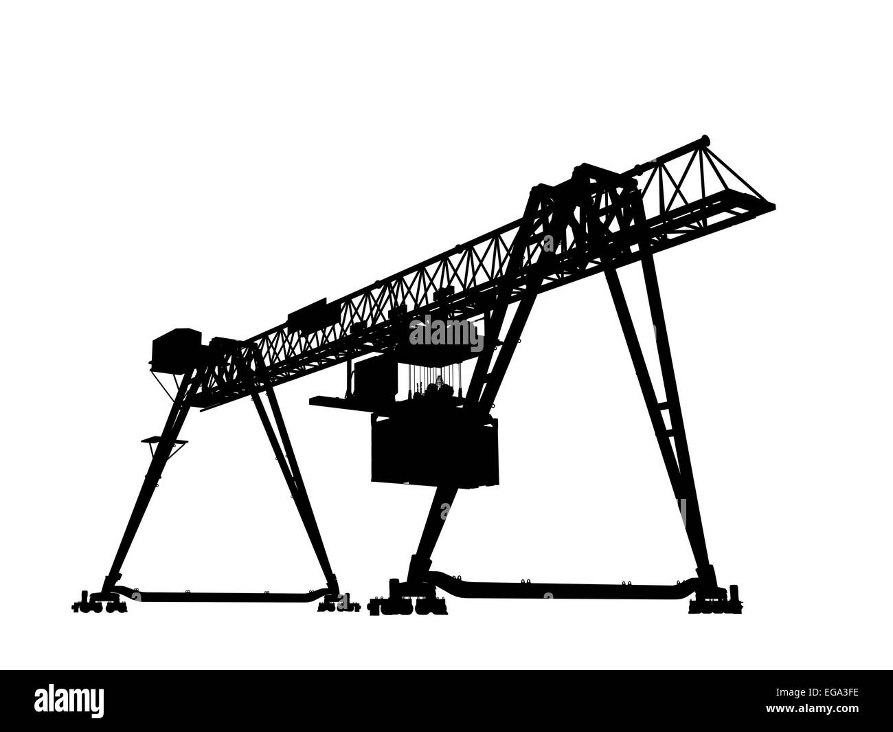 Container bridge gantry crane. Black silhouette isolated on white background, render of 3d model, wide angle perspective view Stock Photo