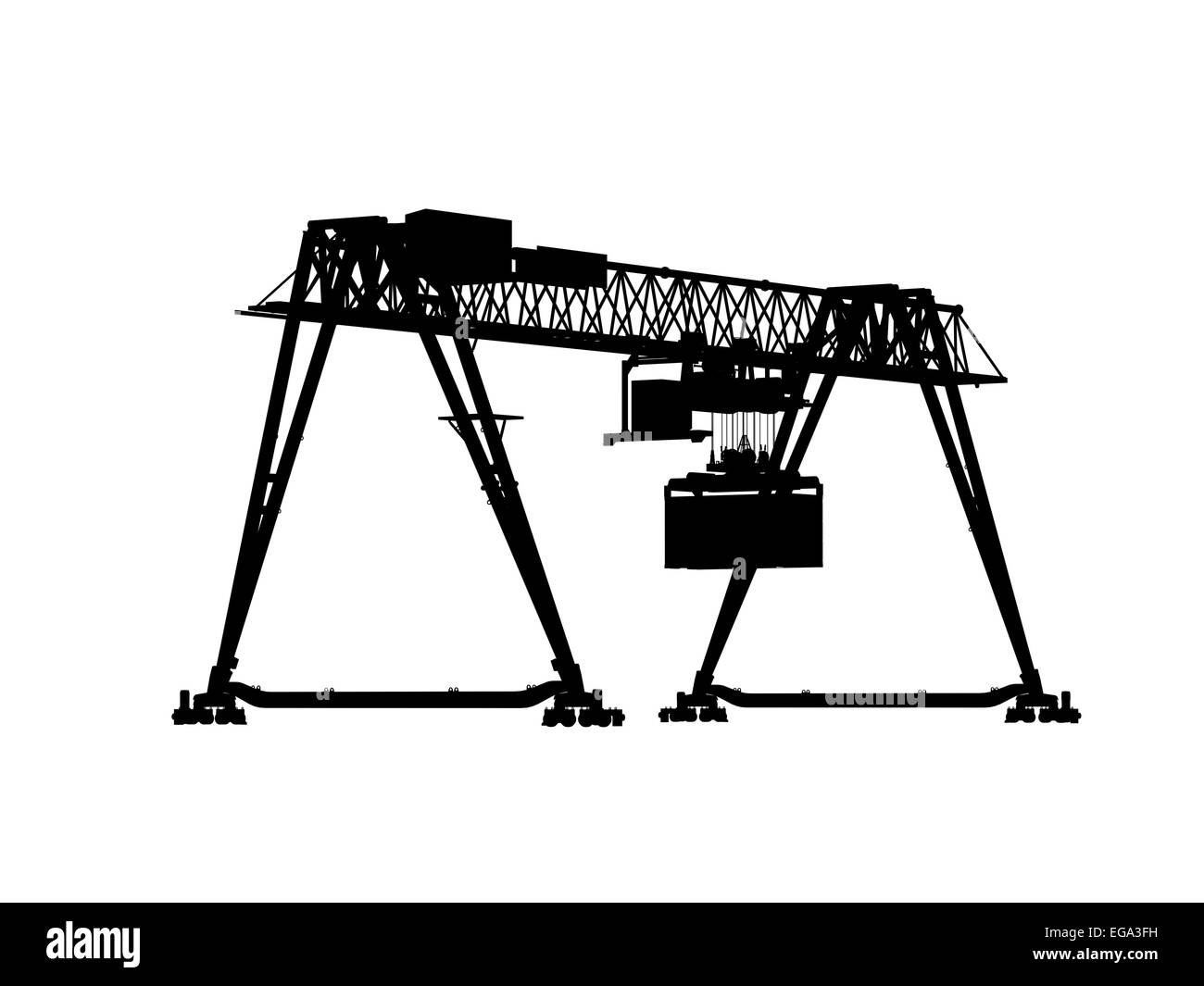 Container bridge gantry crane. Black silhouette isolated on white background. Render of 3d model, perspective view Stock Photo