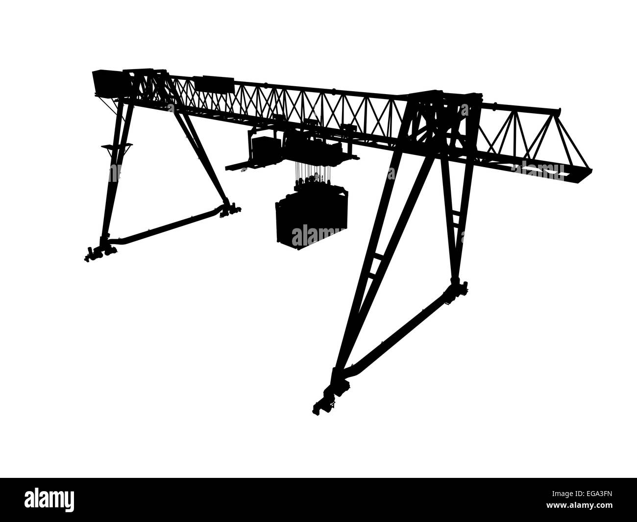 Container bridge gantry crane. Black silhouette isolated on white background. Render of 3d model, wide angle perspective view Stock Photo