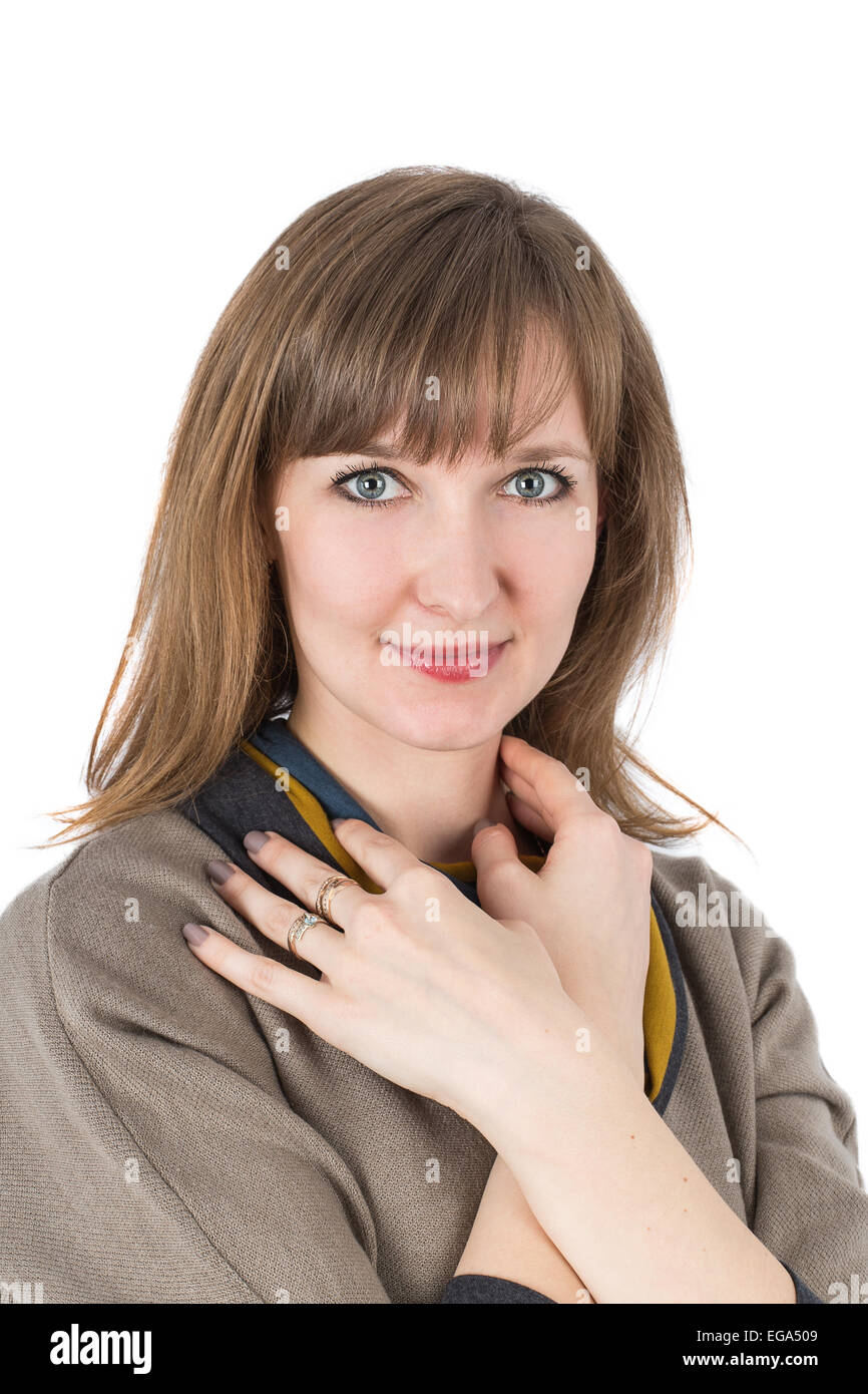 woman portrait hands isolated on white background Stock Photo - Alamy
