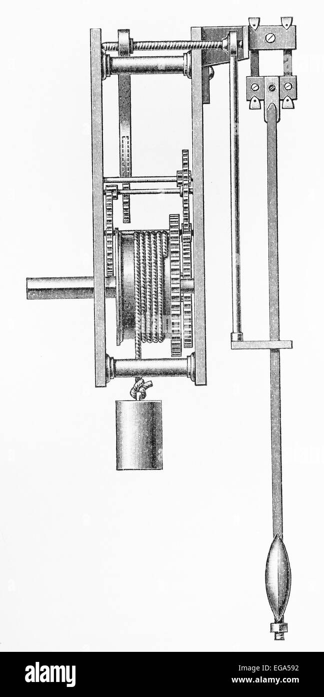 Vintage 19th century old drawing of a pendulum clock mechanism Stock Photo