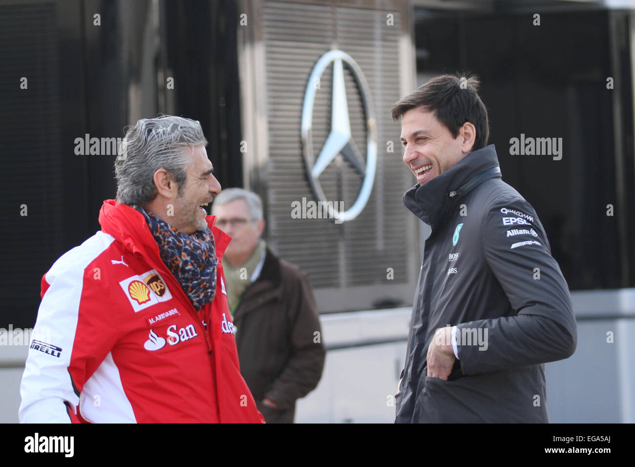 Barcelona Spain 20th Feb 2015 Mercedes Amg Petronas Toto Wolff And Scuderia Ferrari Maurizio Arrivabene Chat In The Paddock During Day 2 Of The Bcn Test Credit Action Plus Sports Alamy Live News