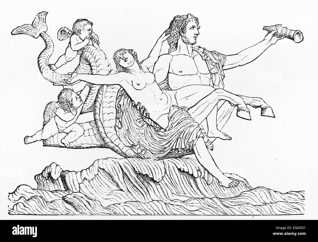 Vintage 19th century old drawing of Triton and Nereid Stock Photo