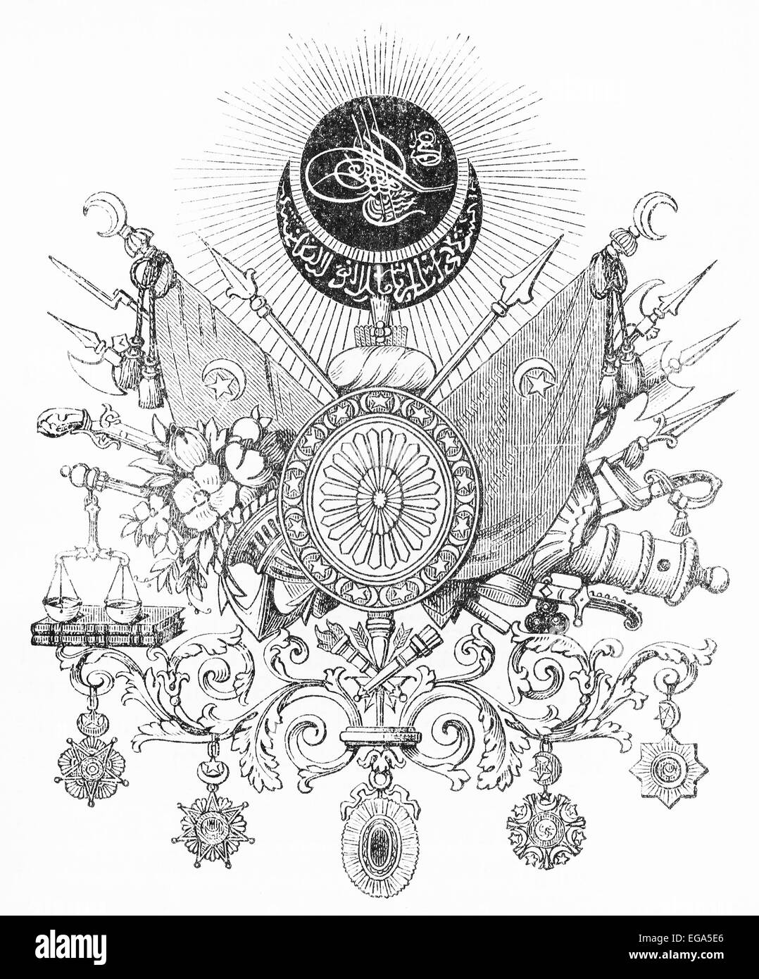 Vintage drawing of Turkish Empire emblem at the end of 19th century Stock Photo