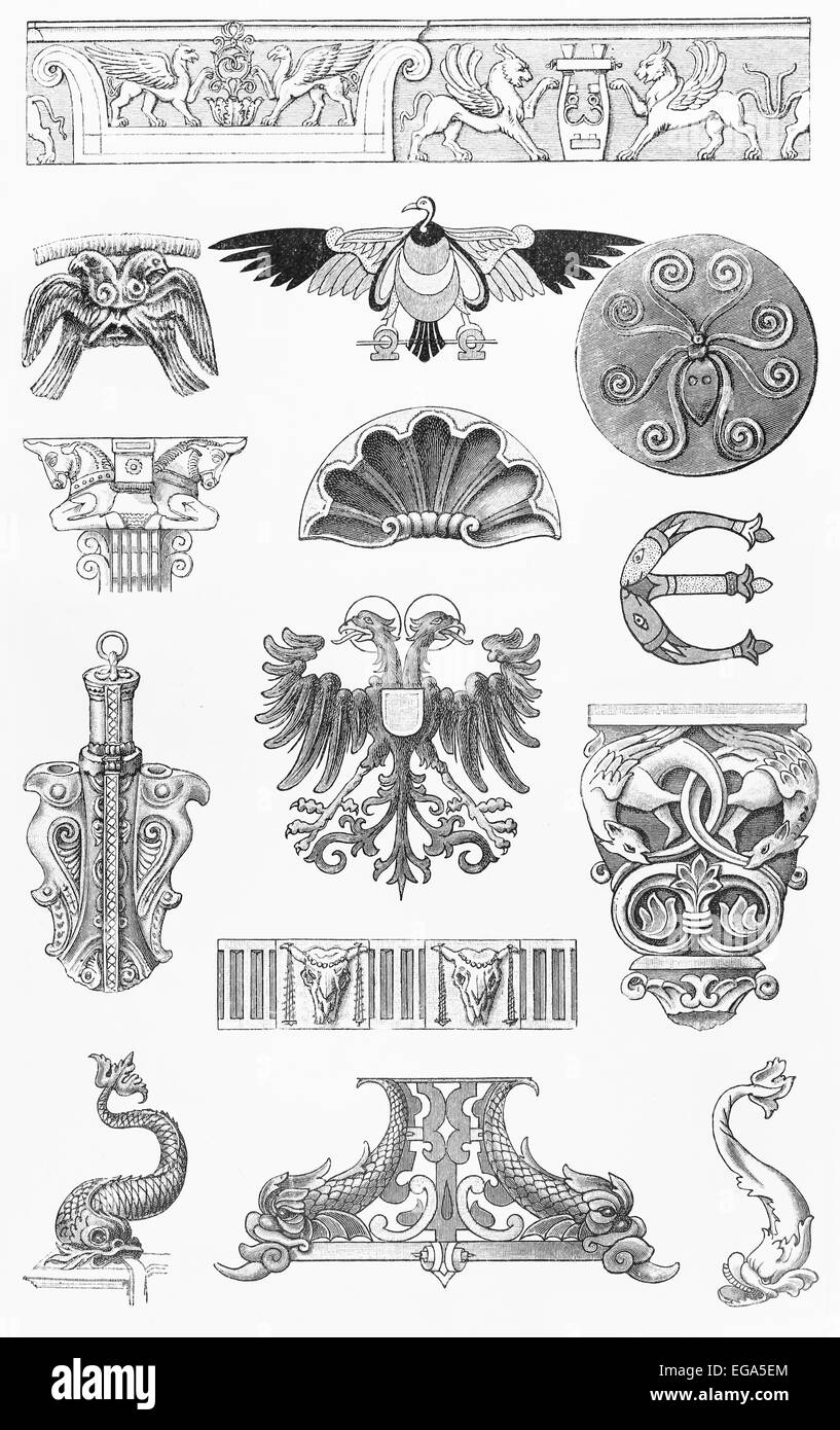 Vintage 19th century drawing of animal style ornaments Stock Photo