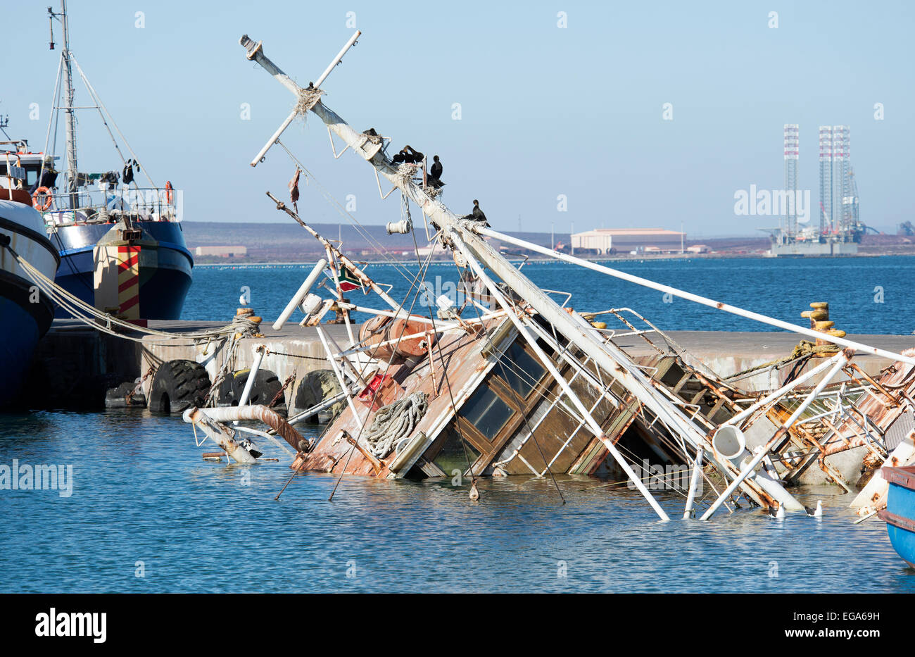 Danger to shipping a sunken fishing boat at Saldanha West Coast South Africa Stock Photo