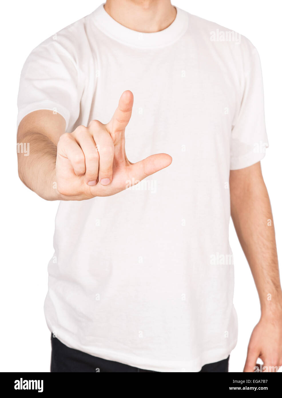 man T-shirt touch Isolated on white background Stock Photo