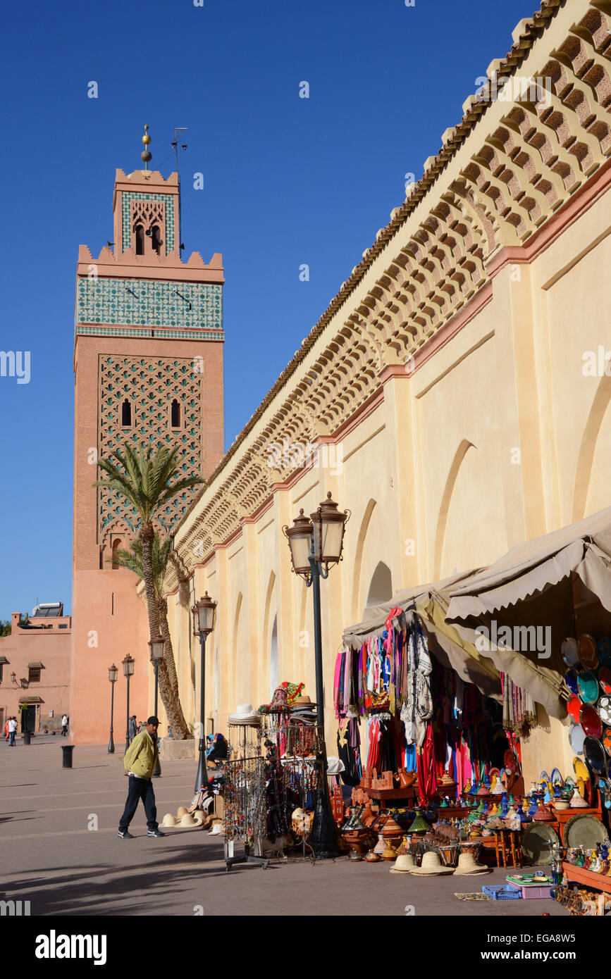 The Kasbah mosque with display of colorful goods, Marrakech, Morocco Stock Photo