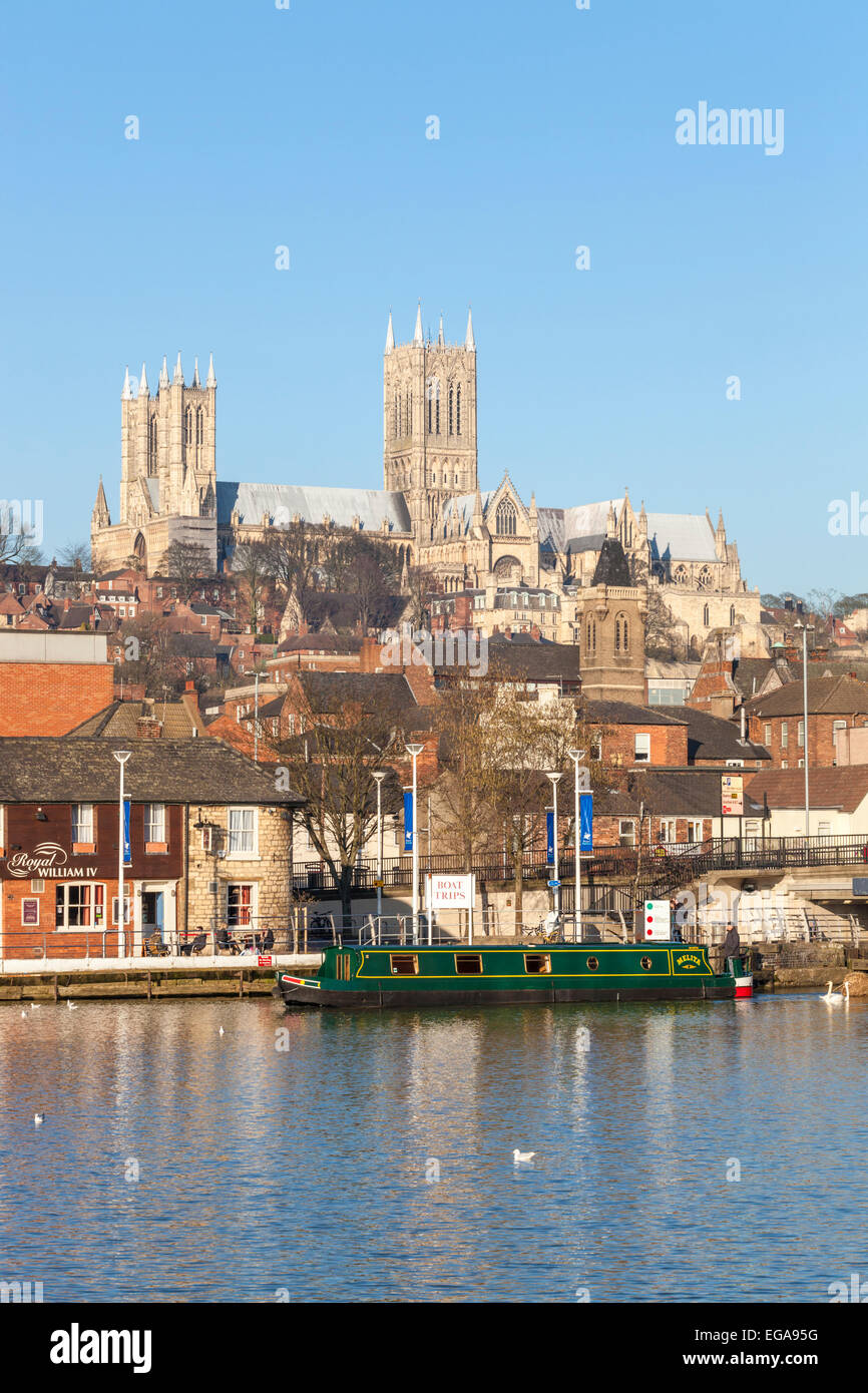 Lincoln Cathedral above the surrounding city during Winter. Viewed from Brayford Pool, Lincoln, England, UK Stock Photo