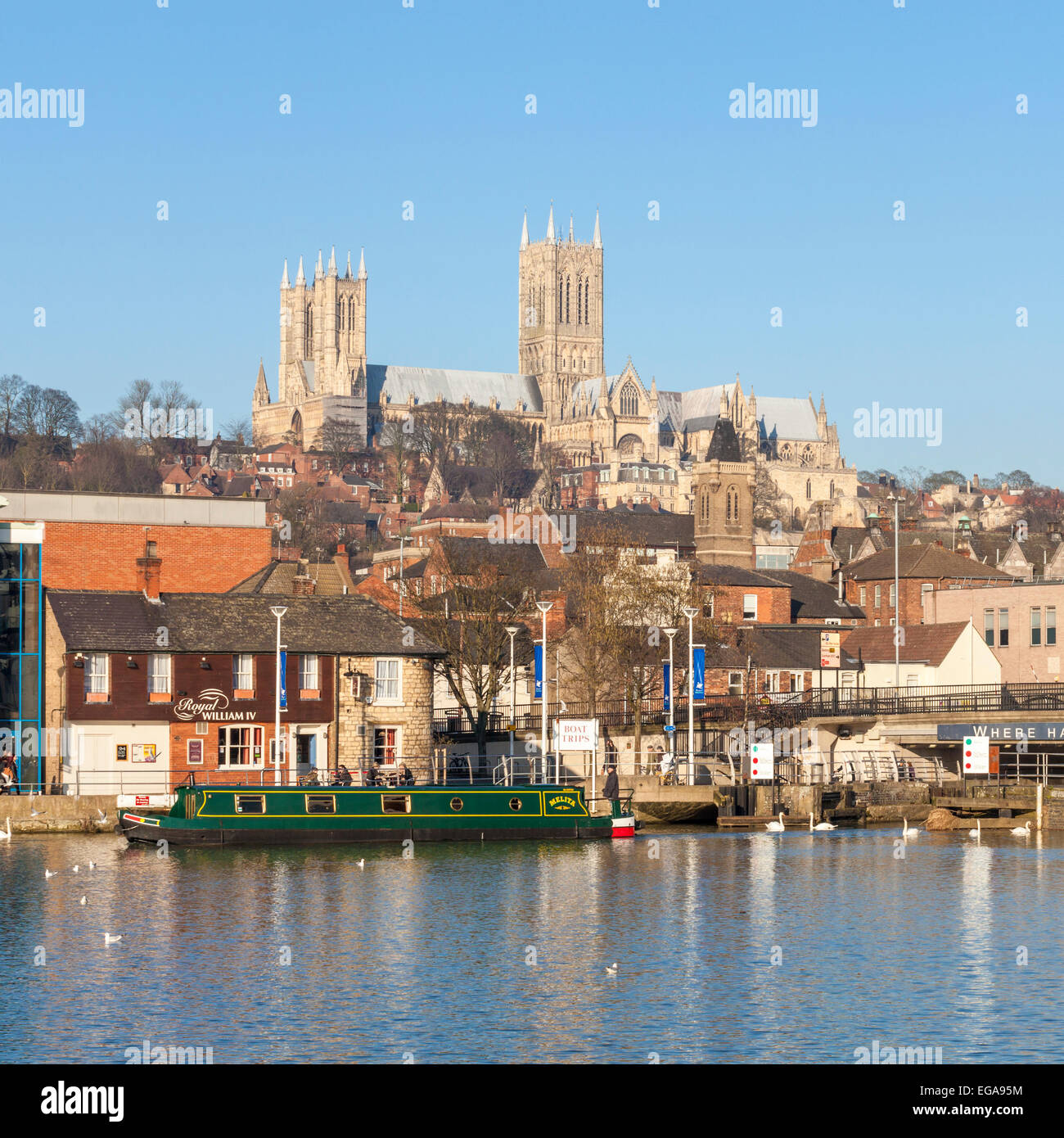 Lincoln Cathedral above the surrounding city during Winter. Seen from Brayford Pool, Lincoln, England, UK Stock Photo