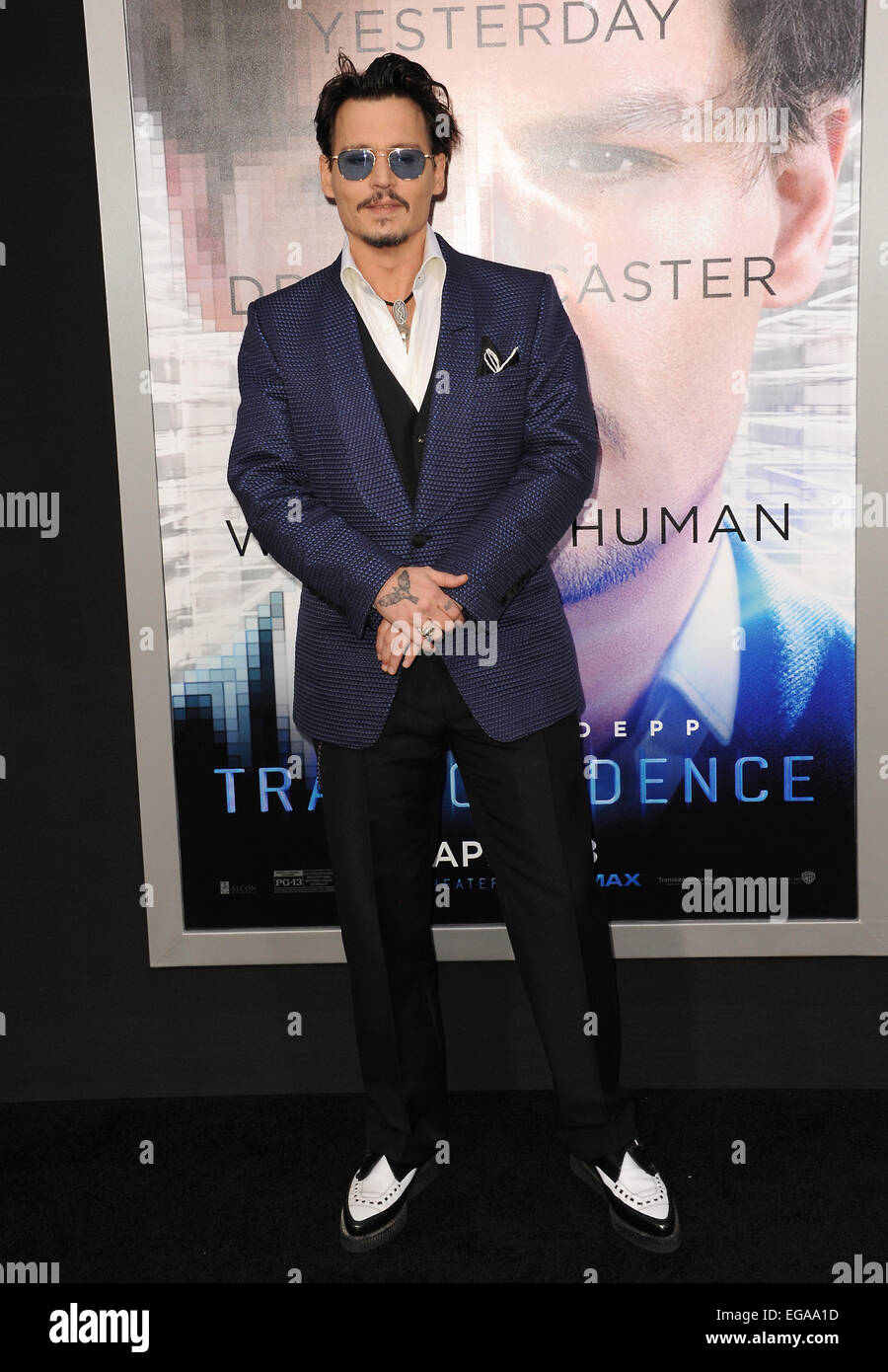 LOS ANGELES, CA - APRIL 10, 2014: Johnny Depp at the Los Angeles premiere of his movie 'Transcendence' at the Regency Village Theatre, Westwood. Stock Photo
