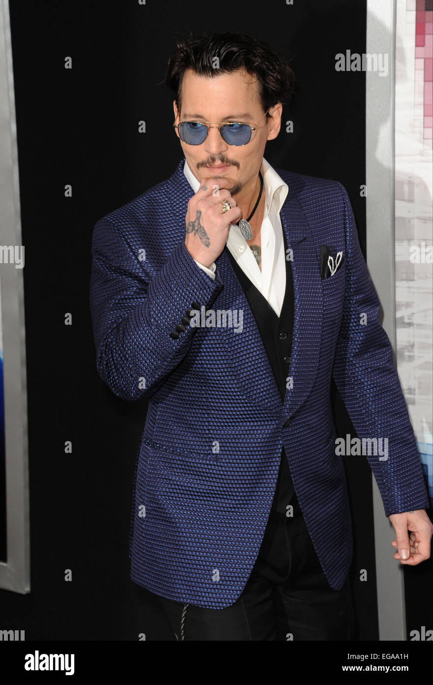 LOS ANGELES, CA - APRIL 10, 2014: Johnny Depp at the Los Angeles premiere of his movie 'Transcendence' at the Regency Village Theatre, Westwood. Stock Photo