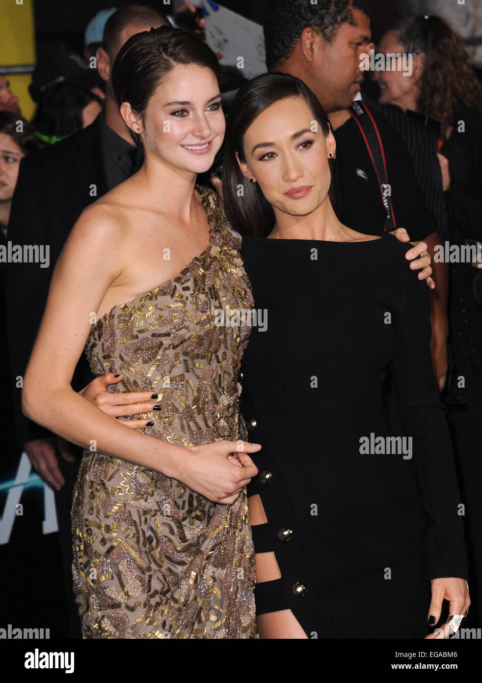 LOS ANGELES, CA - MARCH 18, 2014: Shailene Woodley & Maggie Q (right) at the Los Angeles premiere of their movie 'Divergent' at the Regency Bruin Theatre, Westwood. Stock Photo