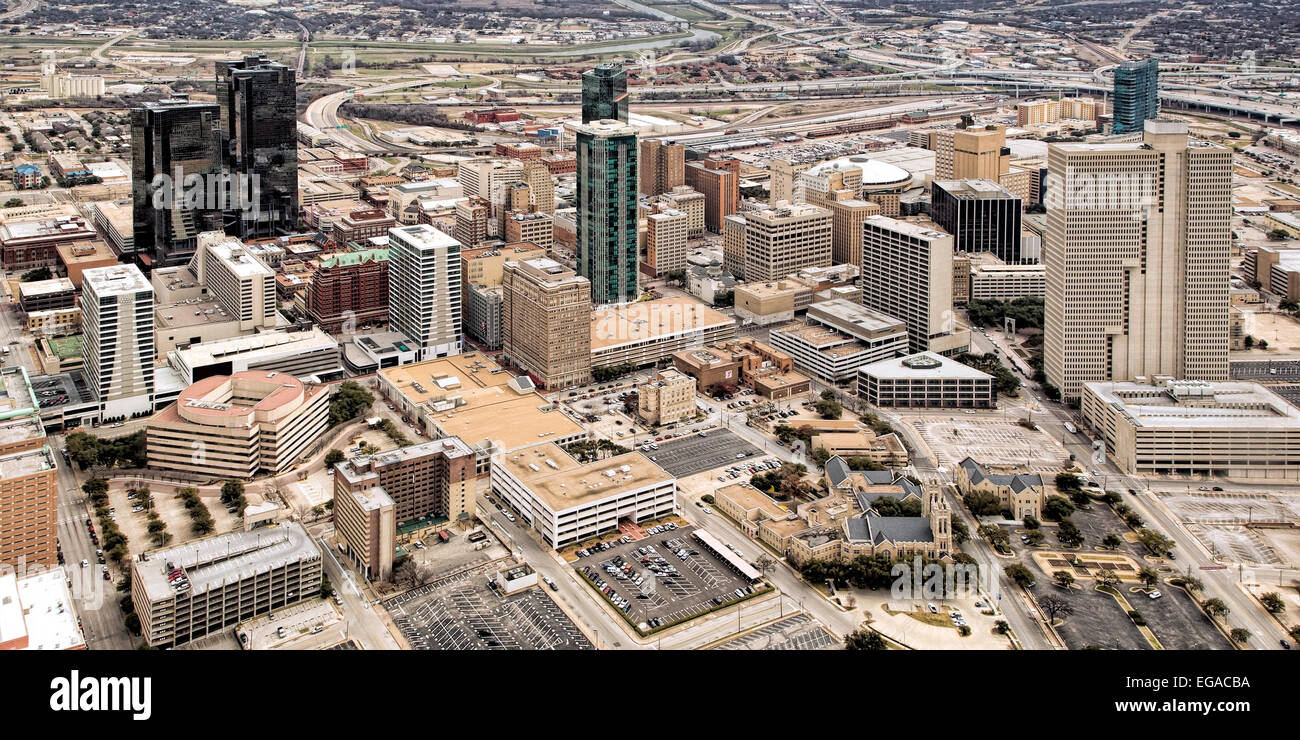 Aerial view of downtown Fort Worth Texas with view of water gardens Stock Photo
