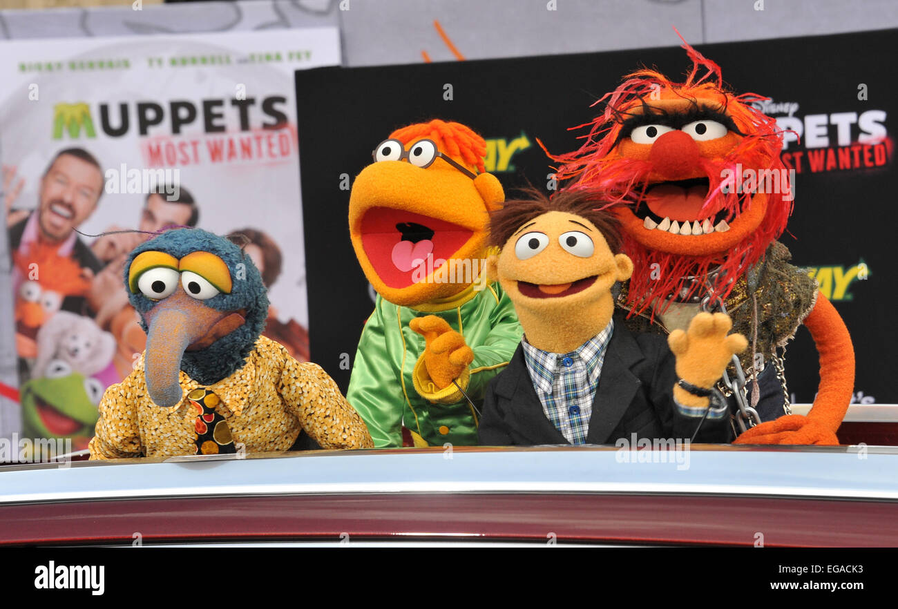 LOS ANGELES, CA - MARCH 11, 2014: Muppets characters at the world premiere of their movie Disney's 'Muppets Most Wanted' at the El Capitan Theatre, Hollywood. Stock Photo