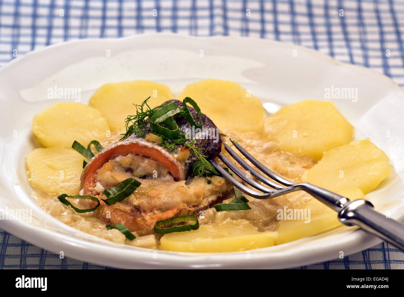 Traditional swiss fish dish - fish fillet rolled with minced fish, bread , egg and herbs stuffing and white wine cream sauce Stock Photo
