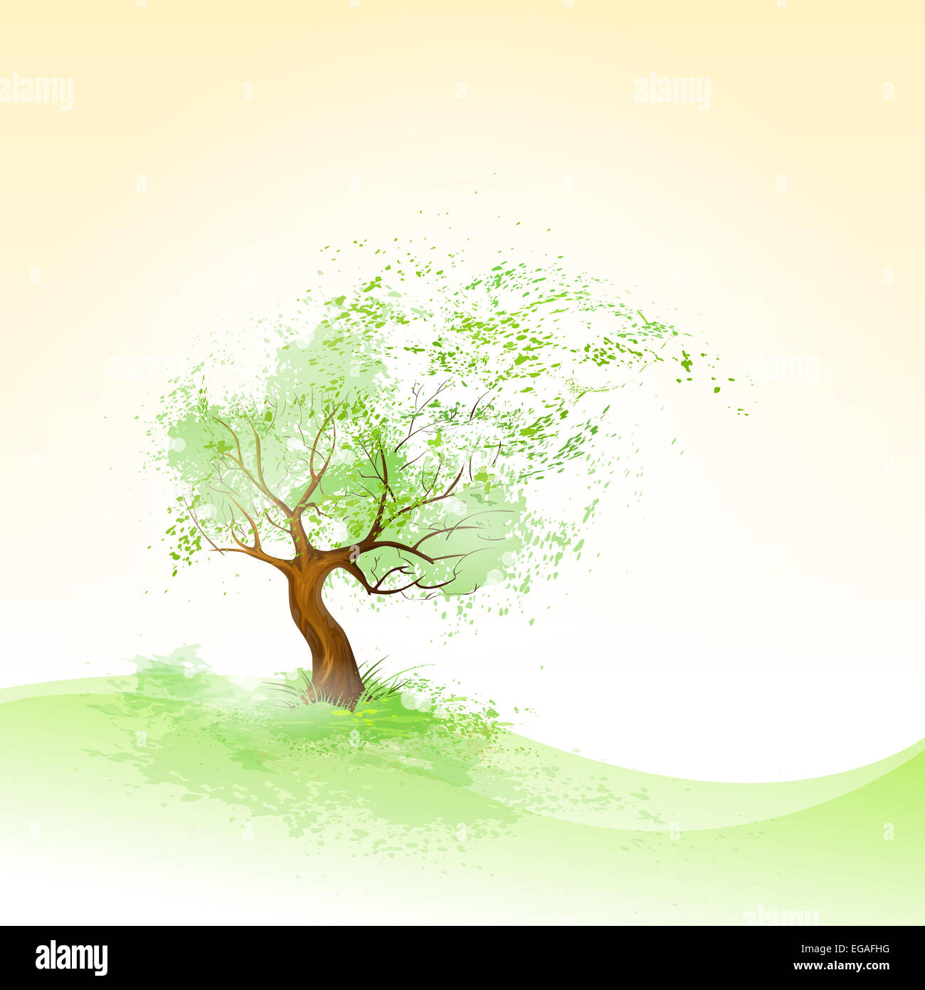green tree with leaves blowing wind and brown bark vector Stock Photo