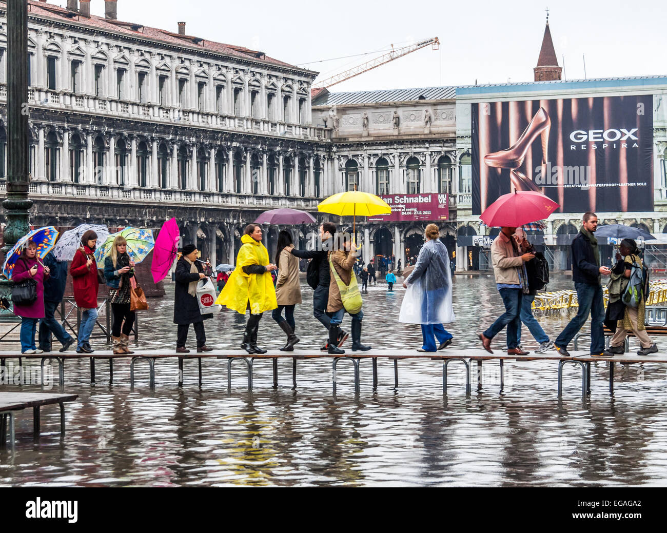 Tourists walking along raised walkways during flooding (acqua alta) in St Marks Square, Venice Italy Stock Photo