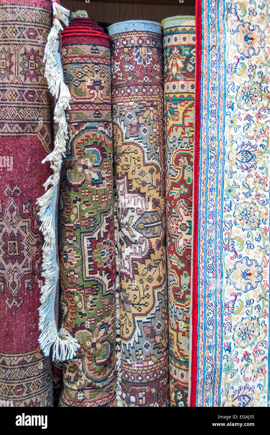 Hand knotted carpets for sale in Mutrah Souk, in Mutrah, Muscat, Oman, Middle East Stock Photo