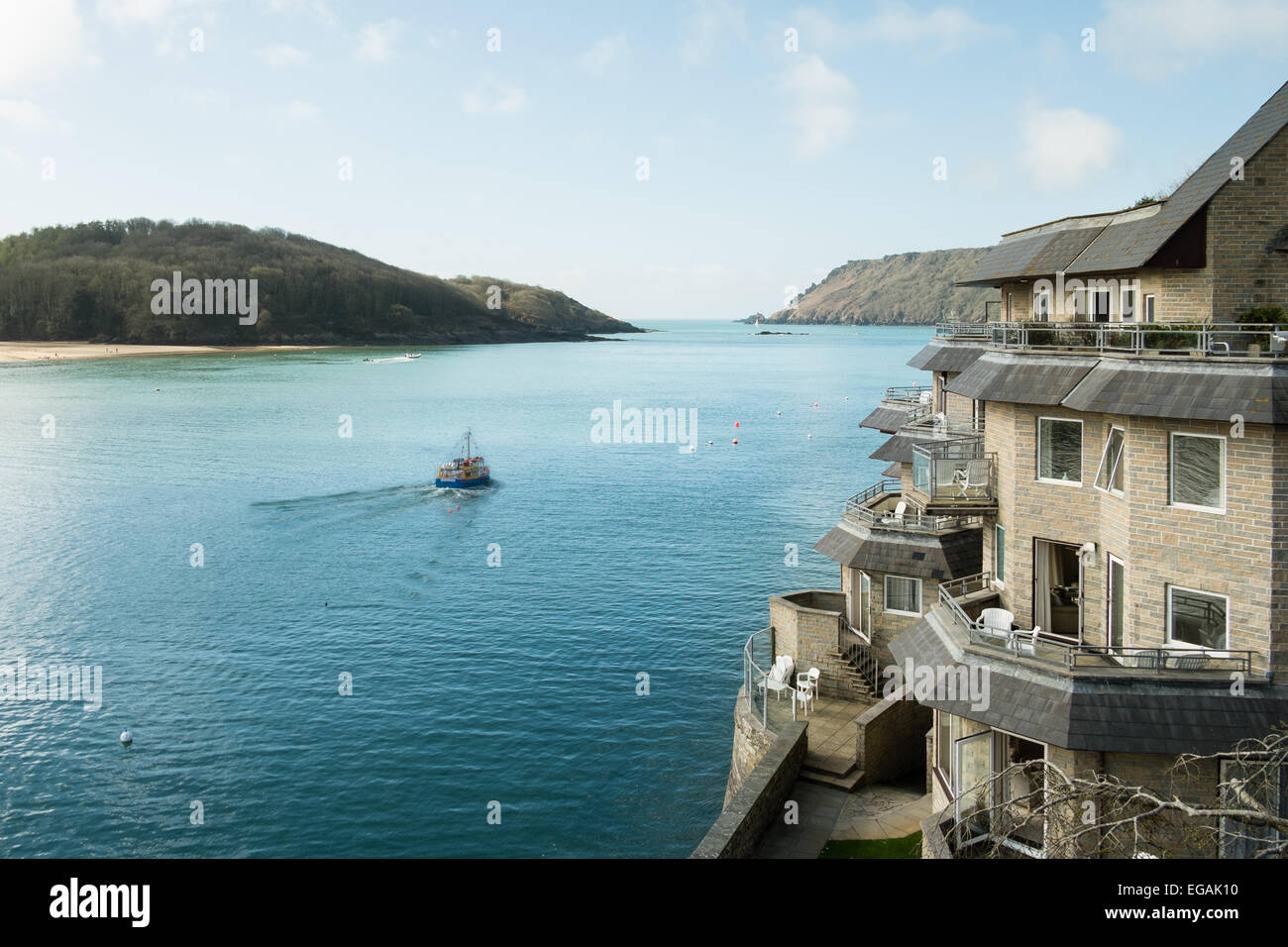 View up the Salcombe Estuary with ferry boat Stock Photo