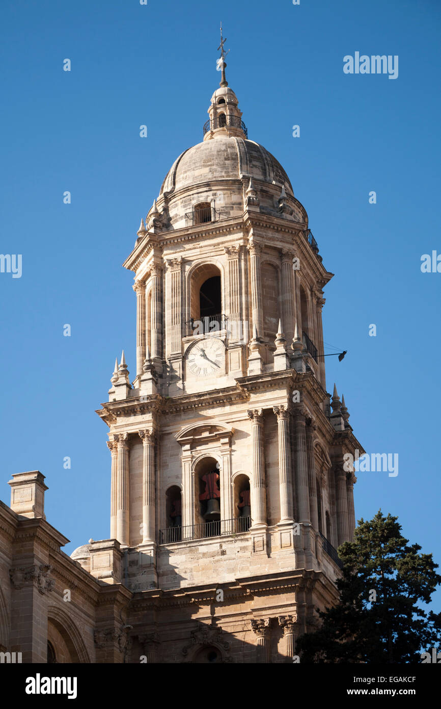 Bell tower Baroque architecture exterior of the cathedral church of Malaga city, Spain - Santa Iglesia Catedral Basílica Stock Photo