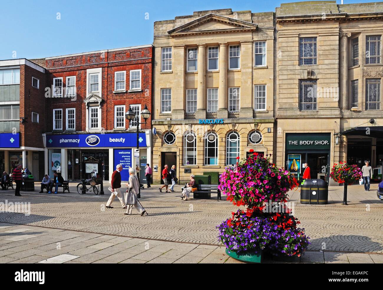 Barclays Bank and shops in Market Square, Stafford, Staffordshire, England, UK, Western Europe. Stock Photo