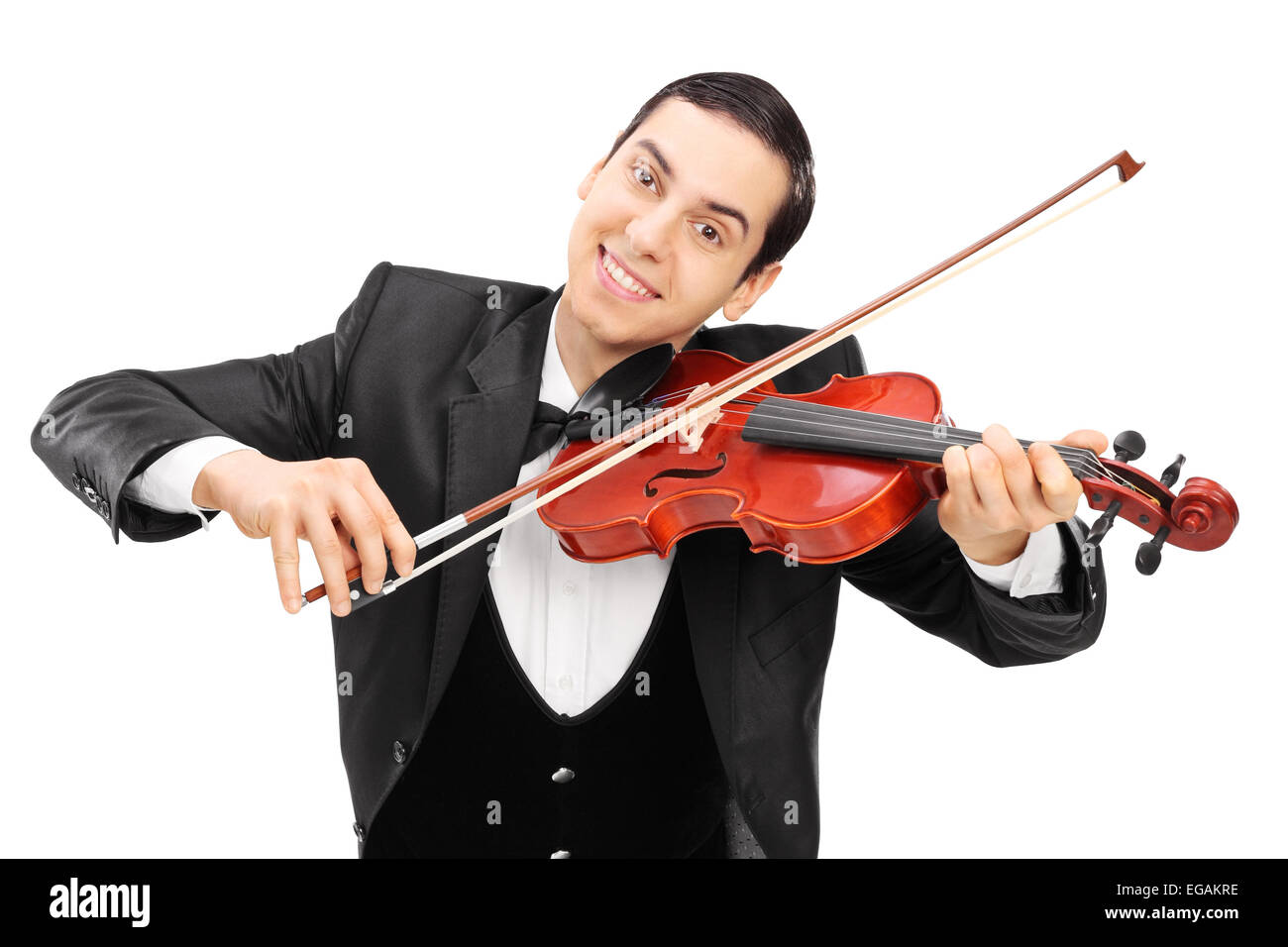 Cheerful violinist playing a violin isolated on white background Stock Photo