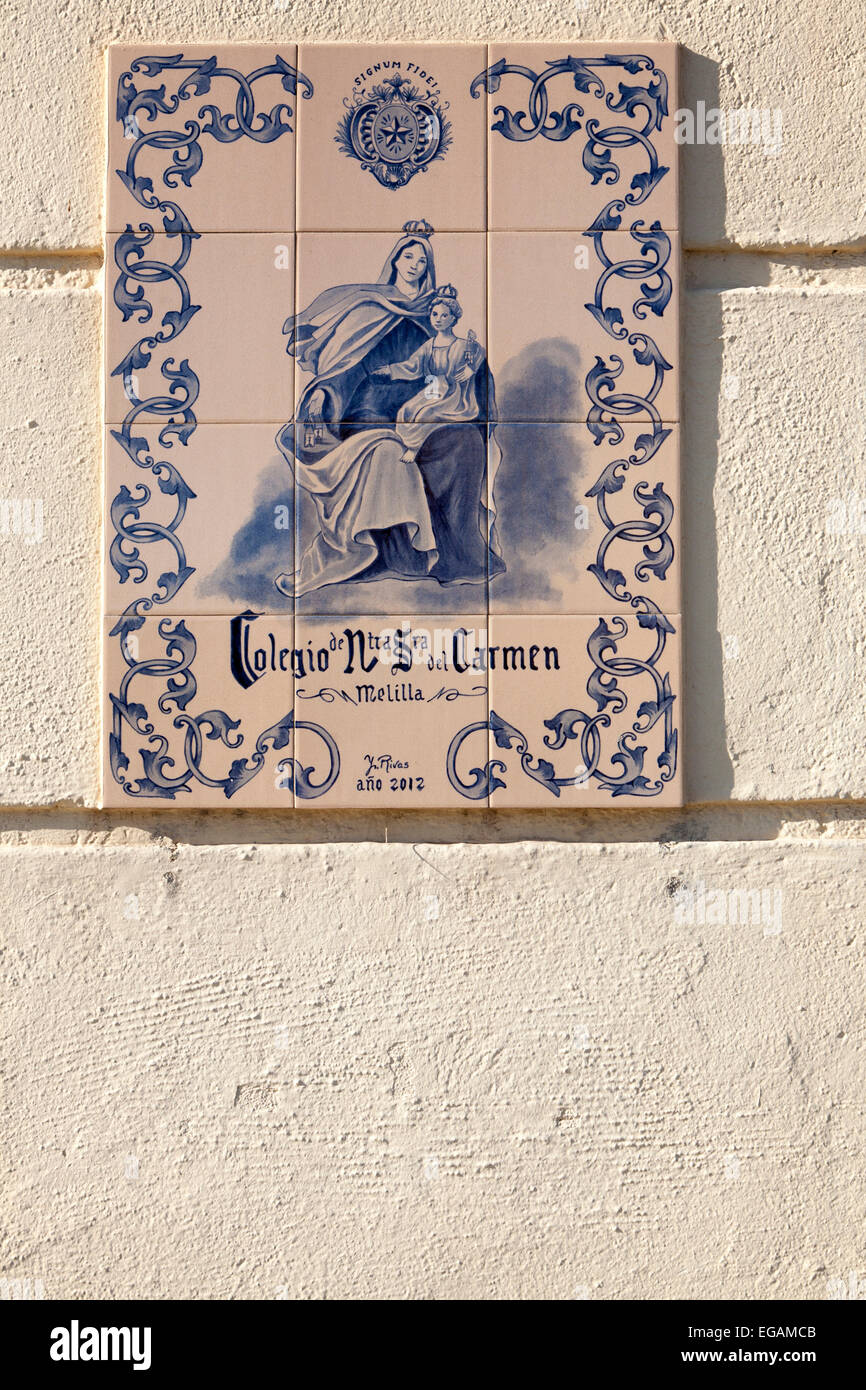 Close up of ceramic tiles sign for Lasalle de Carmen college, Melilla autonomous city state Spanish territory in north Africa Stock Photo