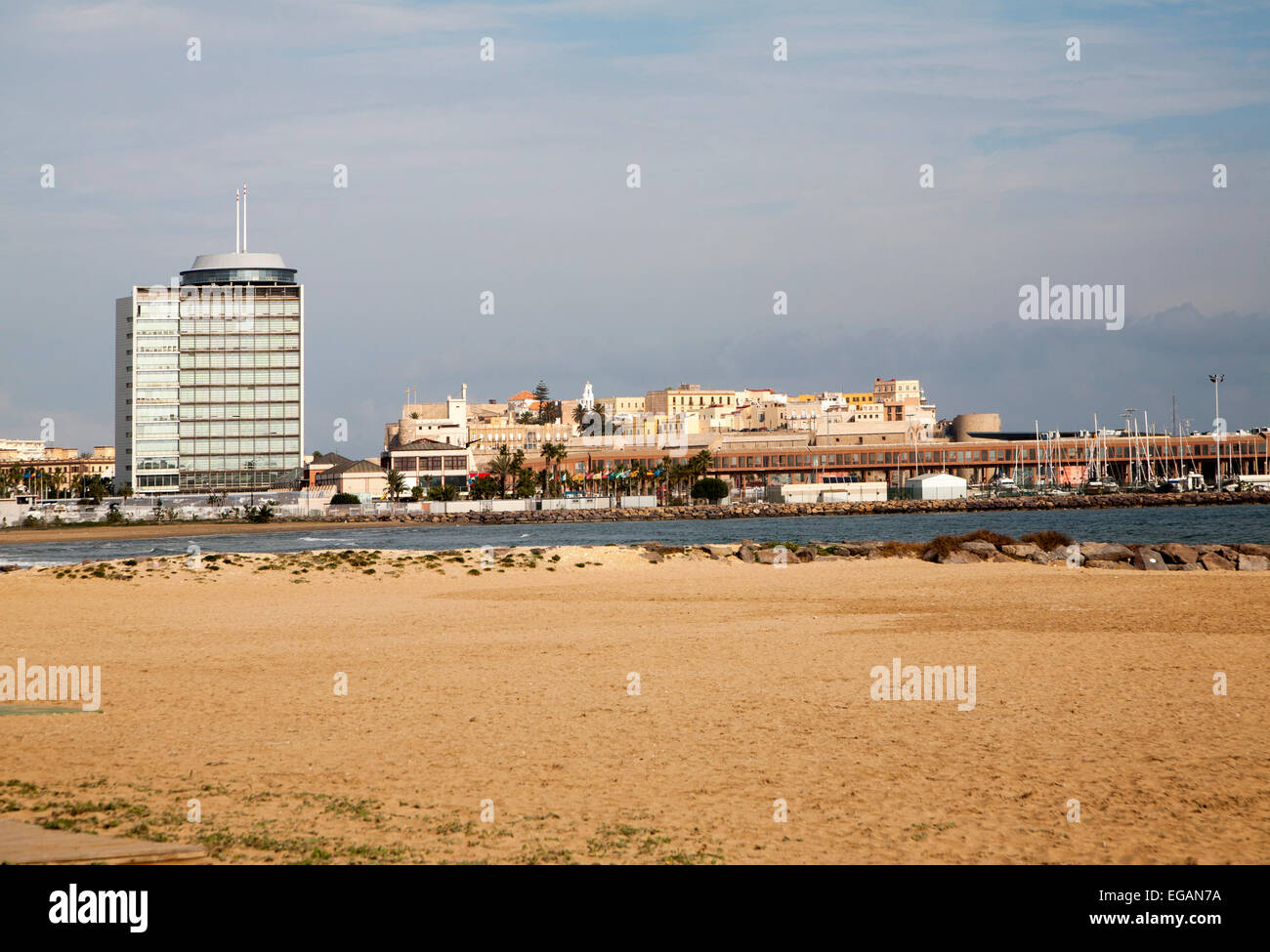 Sandy beach with view to historic walled fort of Melilla la Vieja,  Melilla autonomous city state Spanish territory north Africa Stock Photo