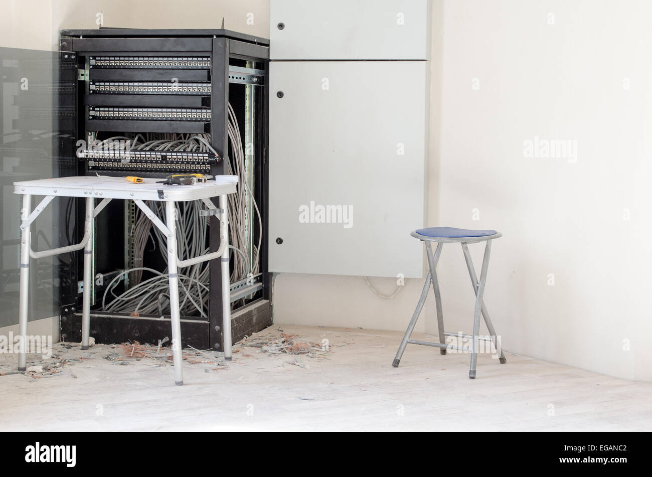 Patch cord panel in work progres Stock Photo Alamy