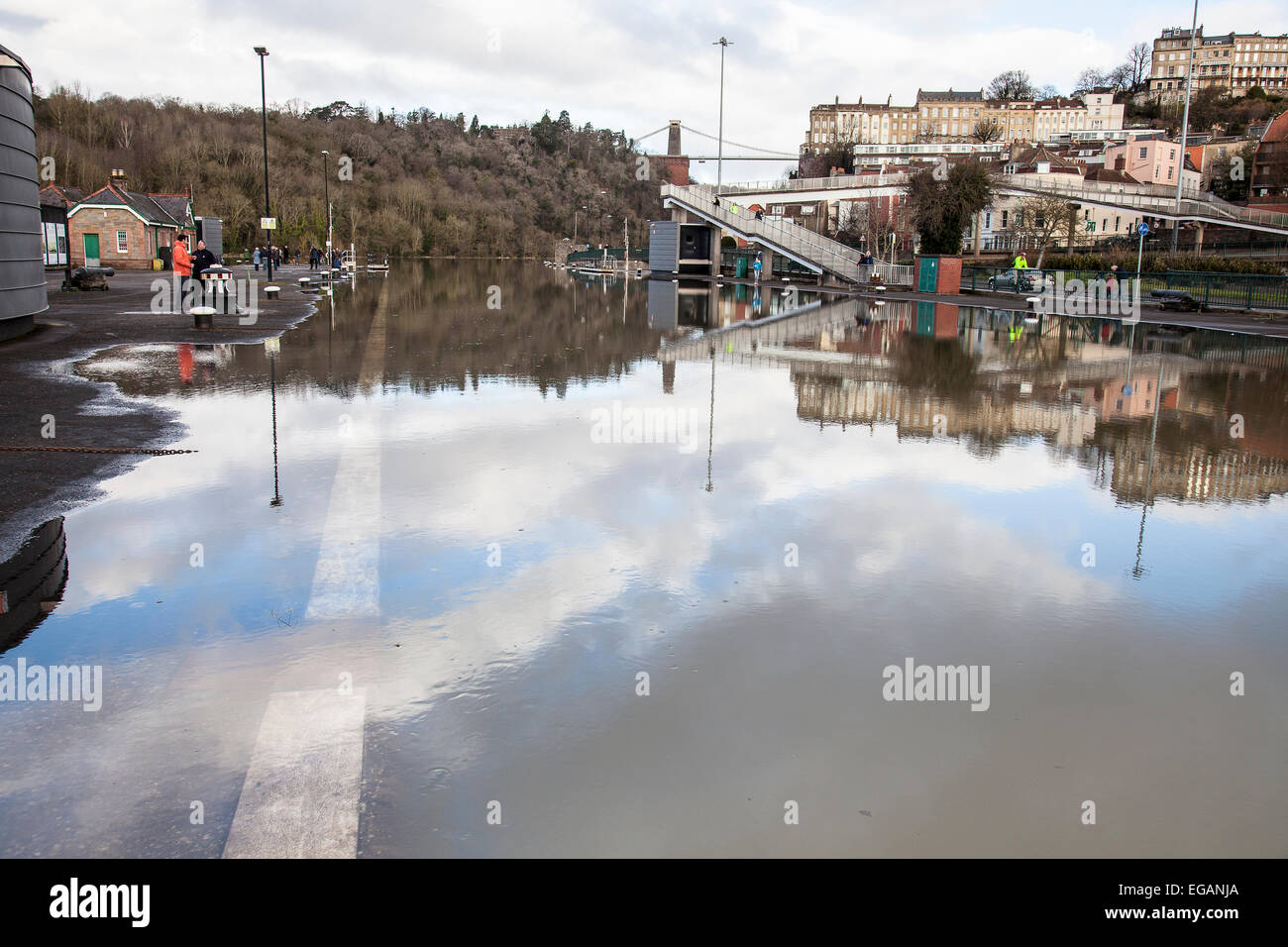 Cumberland Basin in Bristol flooded at a spring tide, looking towards