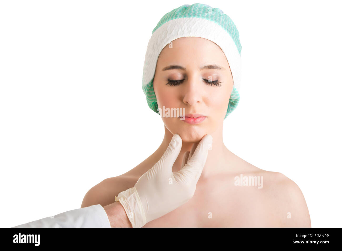 Woman ready for cosmetic surgery in her face, isolated in white Stock ...