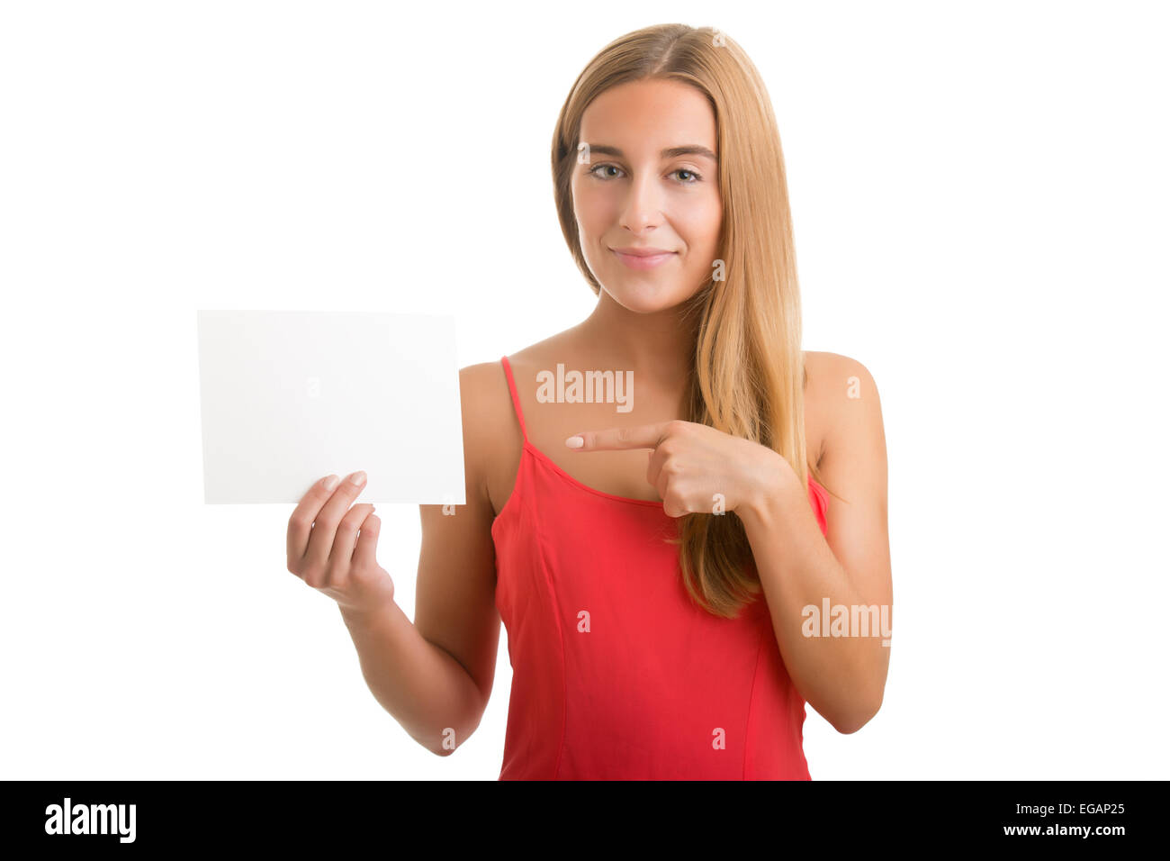 Young happy woman holding a blank business card on a white background Stock Photo