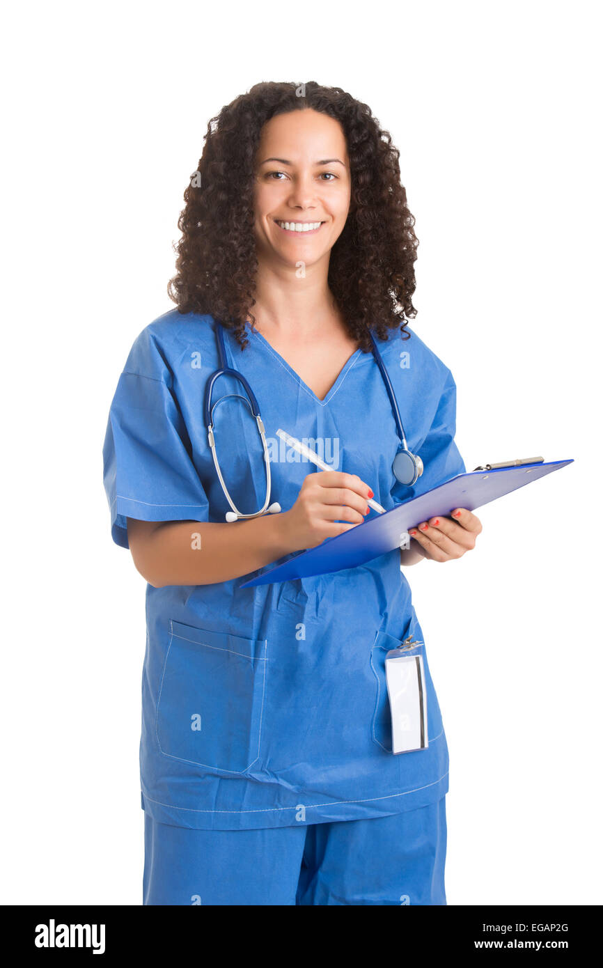 Young female doctor with a pad  and a stethoscope Stock Photo