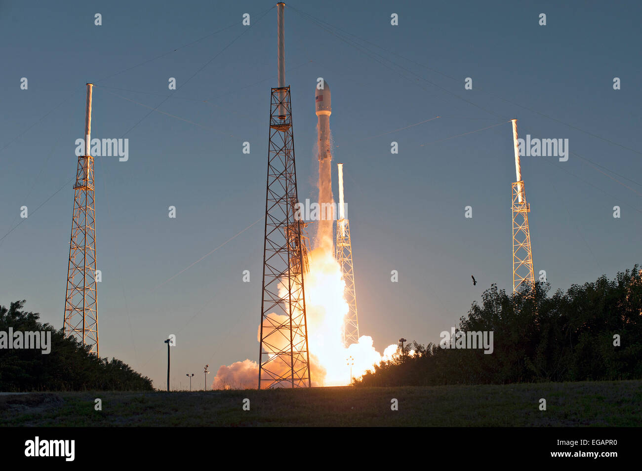 The SpaceX Falcon 9 commercial lifts off into the evening sky carrying ...