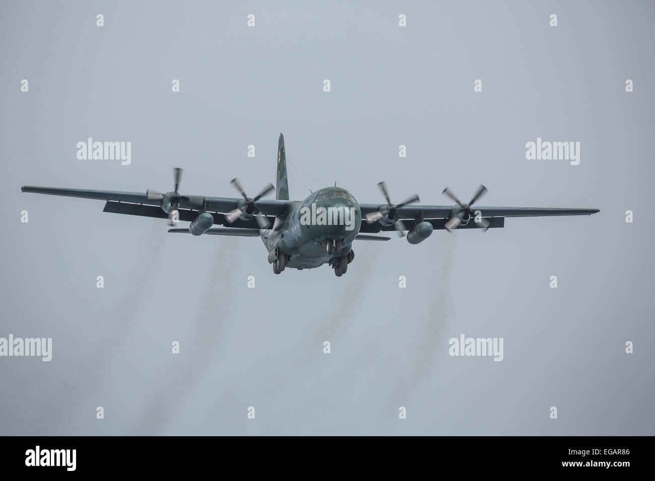 military Lockheed C-130 Hercules landing at Frei Station, King George Island, Antarctica Stock Photo